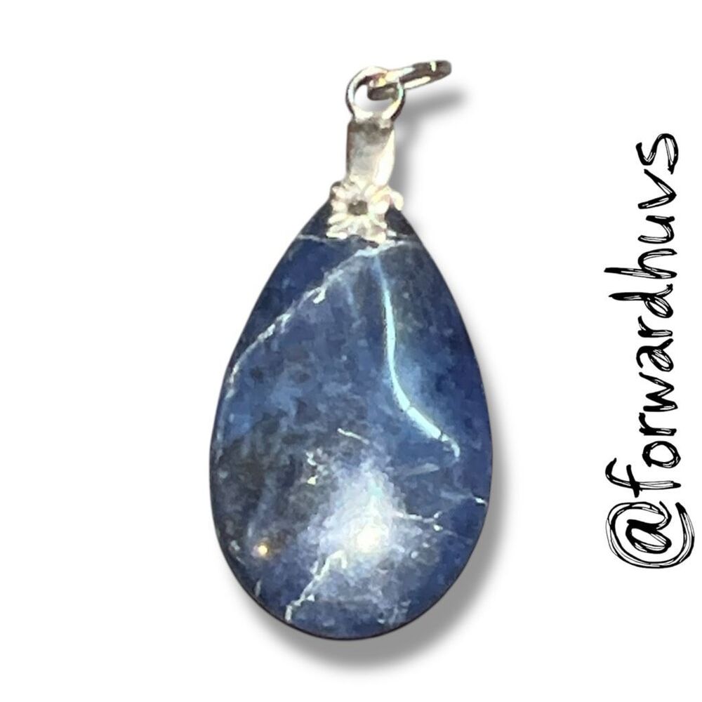 Likely Sodalite Blue Teardrop Stone Pendant Silver Tone Bail Boho 1 1/2 Inch